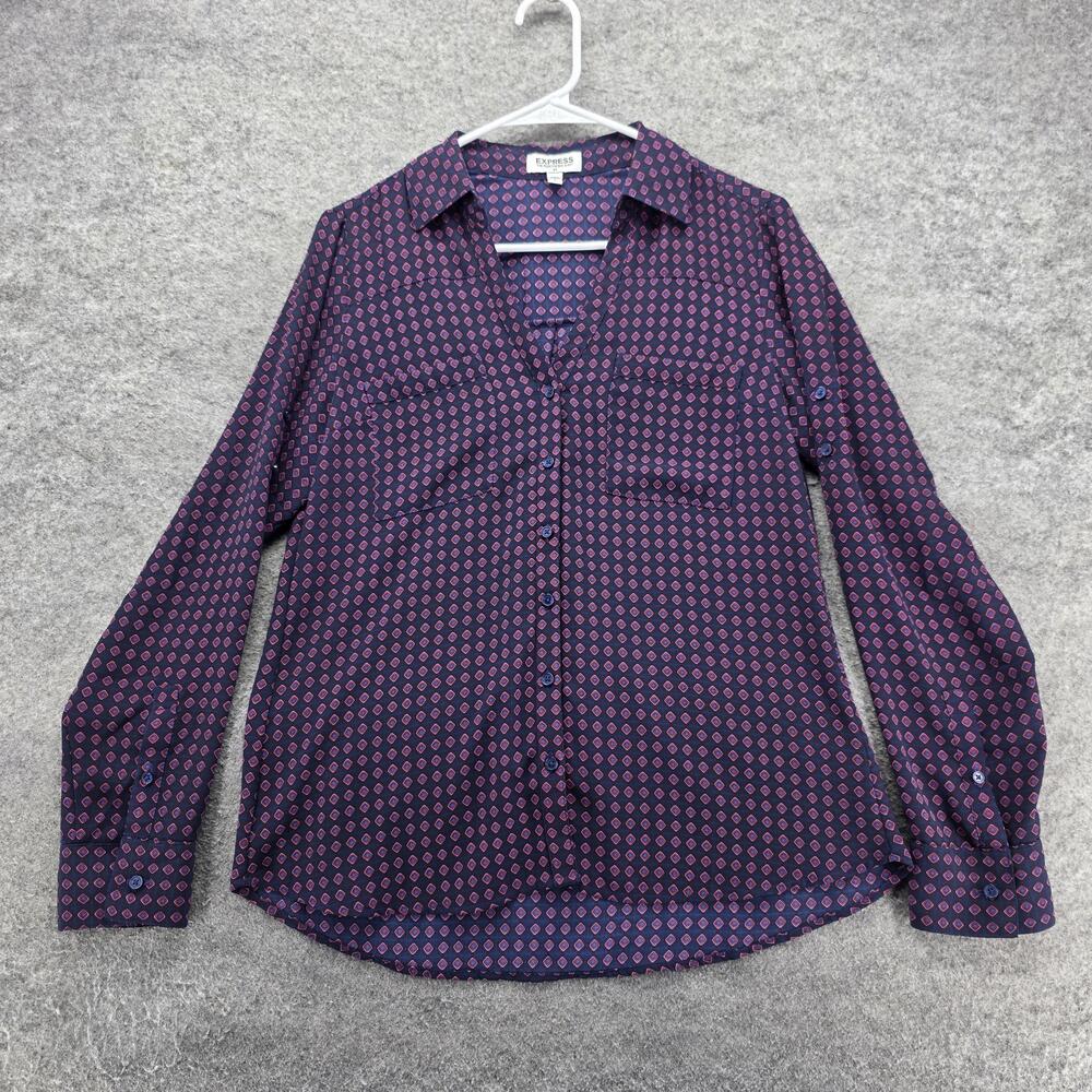 Express Button-Up Womens S Purple Geometric Long Sleeve Pockets Portofino